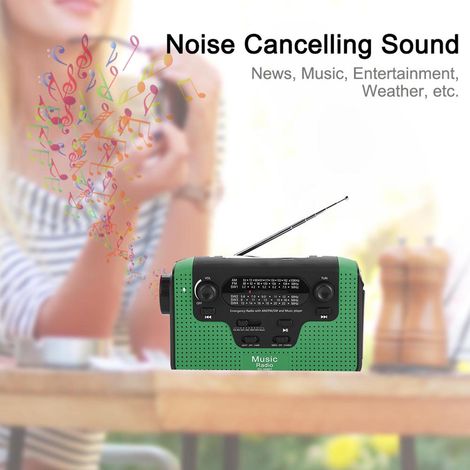 Radio FM/AM/SW solaire à manivelle, avec carte mémoire, musique et appels mains libres Bluetooth. Radio FM solaire verte. (1/5)