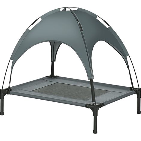 Lit surélevé pour chien avec auvent avec toit pliable 76 x 61 x 73 cm cm pour salon auvent, couchage animaux, transat d'extérieur toit, respirant, taffetas gris, idéal camping, (1/5)