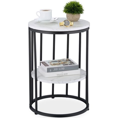 Relaxdays Side Table, Marble-effect, 2 shelves, for living room, metal & MDF, round, HxD 57x40 cm, white/black (1/5)