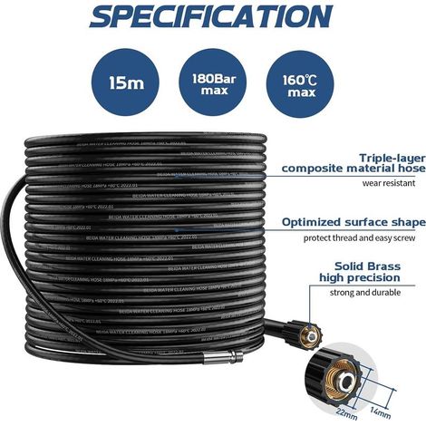 15M Tuyau Déboucheur Canalisation pour Nettoyeur Haute Pression Kärcher K2 K3 K4 K5 K6 K7 HD HDs, 180Bar Kit Furet Professional avec Buse à Jet et Rotatif & Adaptateurs pour Lavor Parkside & Bosch (1/5)