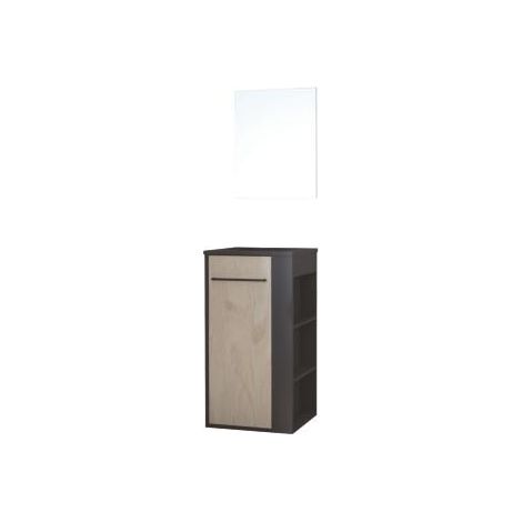 Ondee – Meuble sous vasque simple à poser – Dimensions H84xl44xP40cm – Mélaminé noir – Plan vasque résine extraplat noir mat 18mm – Miroir suspendu 55x43.5cm