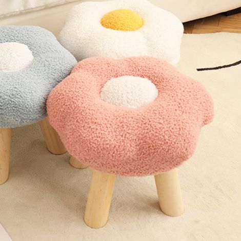 Petit repose-pieds rose en velours doux et peluche, motif tournesol mignon, en bois haute résilience, idéal pour la chambre, le salon ou le canapé. (1/5)