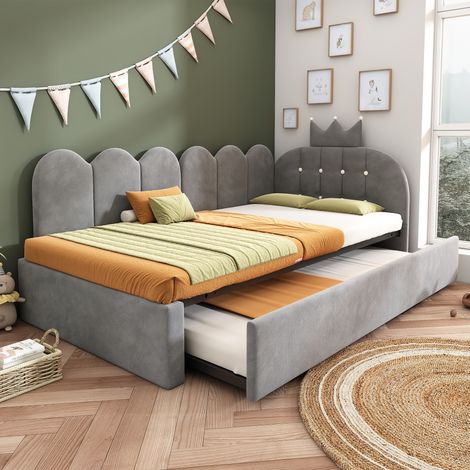 Lit enfant banquette 90x200 cm avec lit gigogne 90x190 cm, design couronne et grille, réversible, velours gris