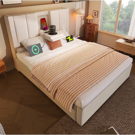 Lit coffre 90x200 avec rangement, lin beige HAVRYA (1/5)