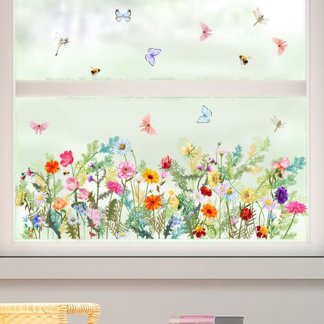 Stickers Muraux Fleur de Jardin Autocollant Mural Stickers Muraux Fleur Plante Papillon Décoration Murale pour Fond de Canapé Chambre Salon (Fleurs) (1/4)