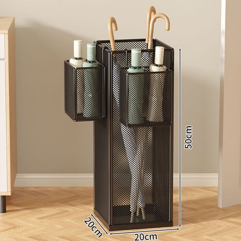 Porte parapluie grand format noir avec 2 paniers suspendus, grand capacité pour entrée et usage commercial, égouttoir intégré