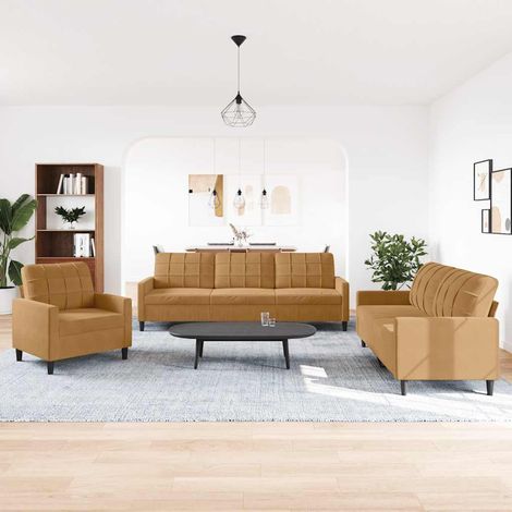 Ensemble de canapés 3 pièces avec fauteuil, 2 et 3 places, velours marron, coussins - PANGIVO (1/5)