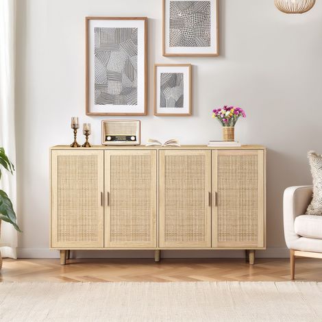 Aparador salon con 4 puertas, Aparadores comedor 158x40x88cm, decoración ratán, aglomerado, natural (1/5)