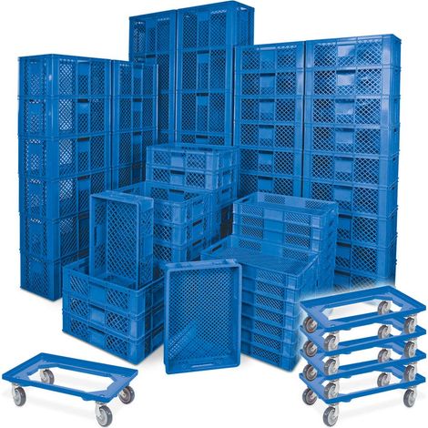 BRB 78 Stück Stapelkörbe/Bäckerkästen in 5 Größen, Grundmaß LxB 600x400 mm, H 90 mm, 150 mm, 240 mm, 320 mm, 410 mm, + 5X Transportroller blau (blau)