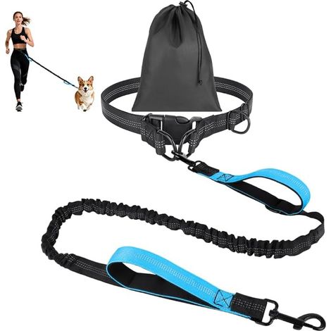 Guinzaglio elastico canicross hands free con cintura canicross per cani, cuciture riflettenti, borsa, per corsa jogging camminata Azzurro (1/5)