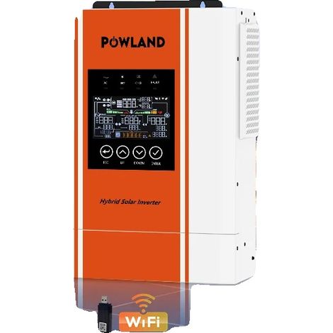 Inverter ibrido, potenza nominale 5000 W, potenza di picco 10 kVA, tensione di ingresso fotovoltaico massima 500 V CC, dimensioni 445 mm x 385 mm x 165 mm, compatibilità 24 V. (1/5)