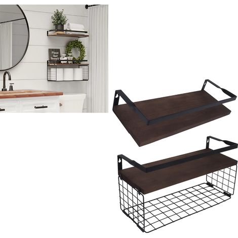 Étagère murale rustique 2 pièces métal pin pour cuisine bureau 45 cm avec porte papier (1/5)