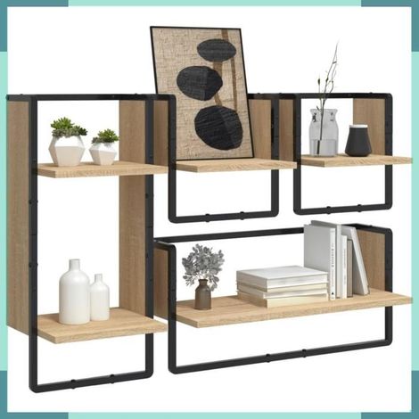 836309 Ensemble d'étagères murales avec barres 4 pcs chêne sonoma (1/5)