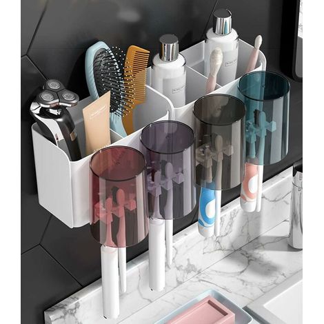 Ahlsen Zahnbürstenhalter, Zahnbürstenhalter ohne Bohren, selbstklebender Zahnbürstenhalter, multifunktionales Badezimmer-Aufbewahrungsregal mit 4 Tassen + 8 Fächern für Zahnbürstenköpfe, Regal 31,6 x  (1/5)