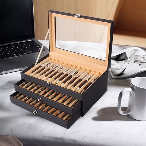 36 stylos à plume stylos à bille Boîte de collection, 3 couches de stylos à plume Boîte de rangement, noir, cadeaux idéaux (1/5)