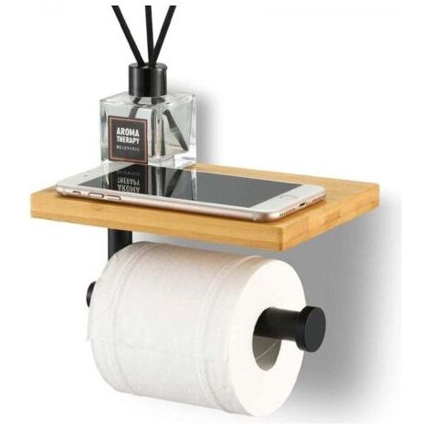 Porte Papier Toilette avec Etagère - Bambou - Salle de Bain - Porte Rouleau en Acier Inoxydable SUS304 - Support Mural Noir Mat - Version sans perçage