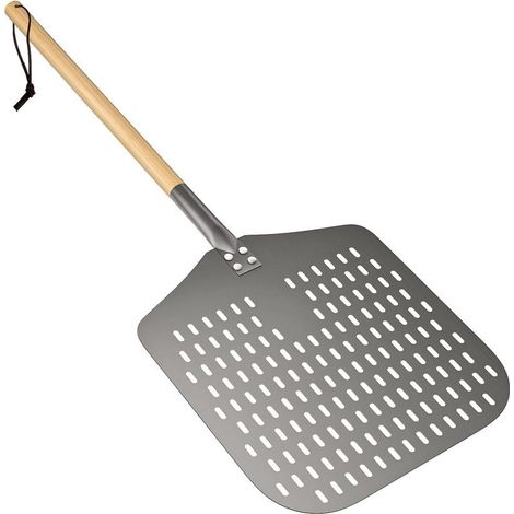 Pala per pizza. Alluminio anodizzato. Forata. Manico in legno. 33,5 x 30,5 cm. Adatta alla cottura in forno domestico. (1/5)