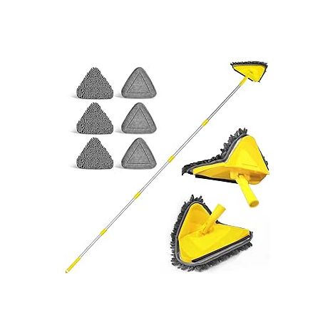 Balai Plafond Triangulaire avec 208 cm Longue Poignée, Dernier cri 180°Serpillère Pliable avec 6 Microfibre Chenille Pads pour Mur, Plafond (Jaune) (1/5)