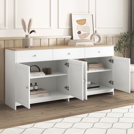 Buffet en bois blanc, quatre portes, trois tiroirs, salon, salle à manger. Couleur bois et blanc --SUNFECILI (1/5)