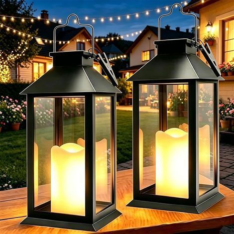 Lanterne Solaire Exterieur, 2 Pièces Suspension Lampe Solaire avec Bougie LED Flamme Vacillante, IP44 Étanche Deco Jardin Exterieur pour Table Terrasse Funeraire Balcon Decoration Noir (1/5)