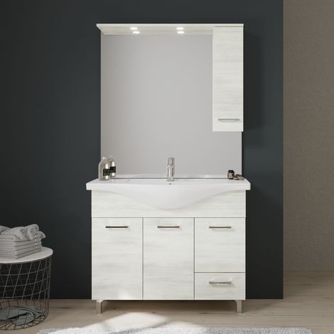 Mobile Bagno A Terra 105Cm Pensile Con Specchio E Luce Bianco Rimini (1/5)