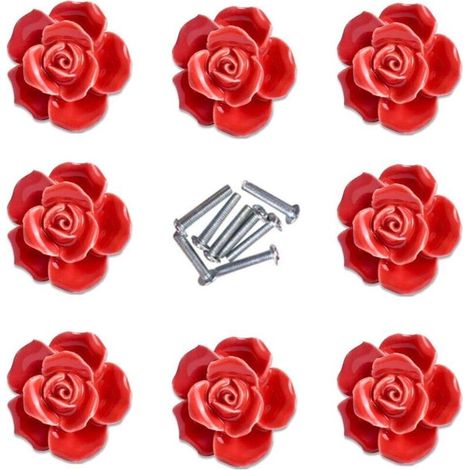 elegante rote Rosenblumen-Möbelknöpfe aus Keramik für Schränke und Schubladen