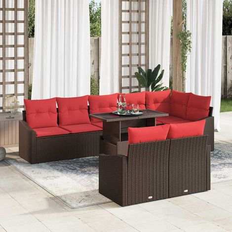 vidaXL Ensemble de canapé de jardin 9 pc Marron et rouge polyrotin (1/5)
