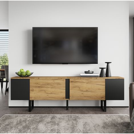 Mueble TV 180 x 40 x 55 cm con 2 puertas y almacenaje abierto, madera natural y negro HAVRYA (1/5)