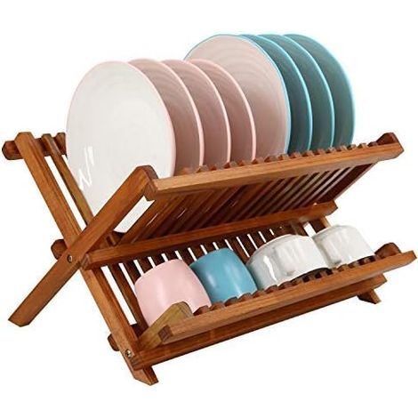 Égouttoir Vaisselle en Teck 2 Étages avec Porte-Tasses Égouttoir à Vaisselle en Bois Pliable, Range-Assiettes pour la Cuisine (1/5)