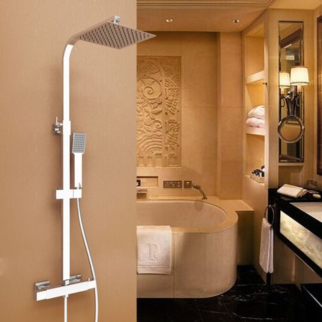 AICA Columna de Ducha Termostática, Barra Ajustable en Altura 80-120cm, Cabezal de Ducha Flexible en Ángulo, Alcachofa de Mano con Soporte Deslizante (1/5)