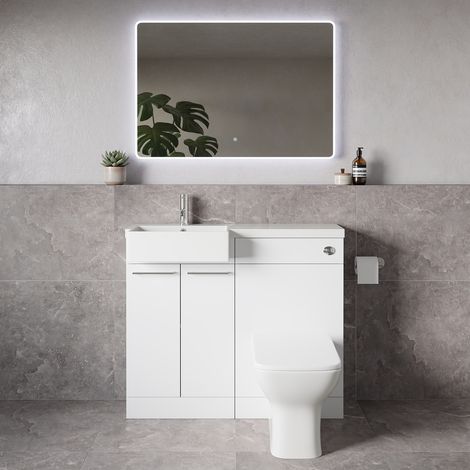 Napoli 250 Gloss White 1000mm 2 Door Vanity Unit Toilet Suite with Left Hand Square Rico Semi Recessed Basin - 1000mm - Chrome 160mm HandleWith Kingston Toilet Pan and Seat