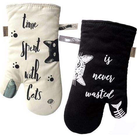 Gants de cuisine résistants à la chaleur pour la cuisine, les grillades, la pâtisserie, ivoire et noir, chat et chat noir, amoureux des chats (1/5)