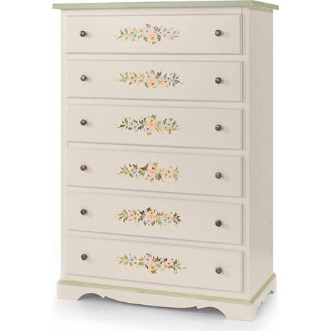 Cassettiera in legno Bianco con decori 6 cassetti Zoccolo Aperto