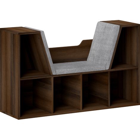 Bookcase Storage Shelf with Cushioned Reading Seat, Cube Bookshelf Organizer for Bedroom Living Room, Chestnut