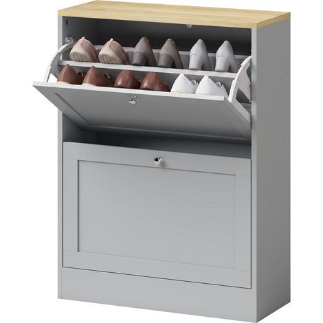Meuble d'Entrée Gris, 12 Paires, 2 Tiroirs Rabattables et Étagères Réglables, 60 x 23,5 x 80 cm, Banc et Rangement Chaussures, Couloir et Entrée (1/5)