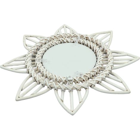 Wandspiegel aus Rattan, weiß, blütenförmig, rustikal, Vintage, hochglanzpoliert, dekorativer Glasspiegel für Flur, Schlafzimmer und Badezimmer (1/5)