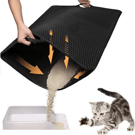 Tapis pour litière pour chat – Tapis double couche en EVA, lavable et facile à nettoyer – 55 x 75 cm, Noir (modèle plat avec poignée) – (1/5)