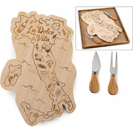 Tagliere / set formaggio / aperitivo in legno con sagoma Italia, intagli la Dolce VIta e 2 coltelli, set da 2 pezzi, Tagliere: cm 22 x 32,5 H