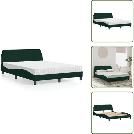 Lit avec matelas vert foncé 140x190 cm velours - Lit Double - Lit Design - Lit Velours - Lit Avec Sommier - Literie (1/5)