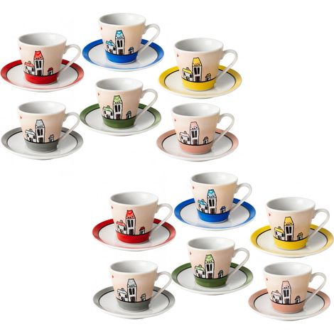 Set 12 tazze per caffè da 80 ml con piattino in porcellana - adatte per microonde e lavastoviglie - Fantasia Casette (1/5)
