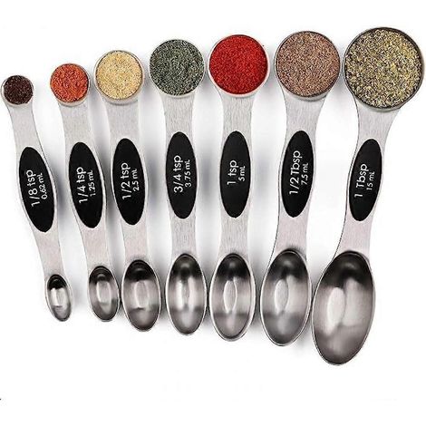 Set mit 7 doppelseitigen magnetischen Messlöffeln aus Edelstahl für trockene und flüssige Zutaten (mit 3/4 Löffel). (1/5)