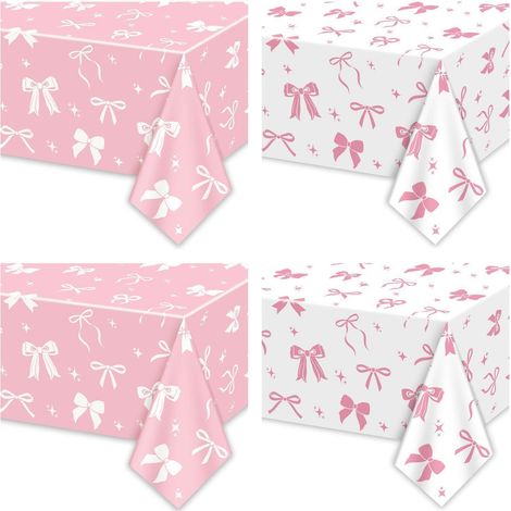 4er Set Tischdecken mit Schleifenmotiv, 130x220 cm, Rosa & Weiß