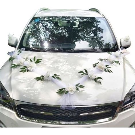 Kit Decoration Voiture Mariage - Décoration Mariage Voiture Champêtre et Romantique - 1.6m Tulle & 11 Fleurs Artificielles avec (1/5)