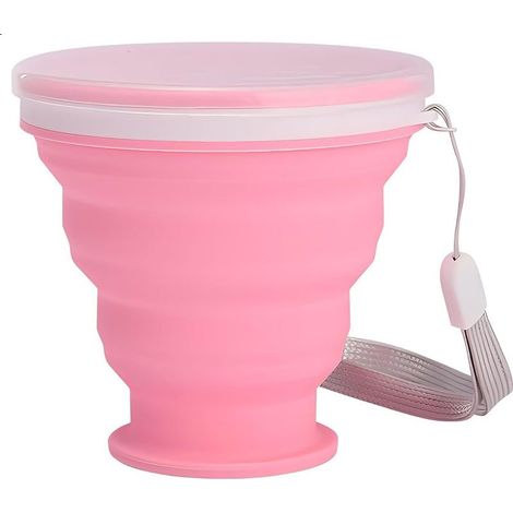 Gobelet pliable en silicone (1 pièce) pour le camping et les voyages, petit gobelet portable avec couvercle, réutilisable pour les activités de plein air et la randonnée, 300 ml, rose (1/5)