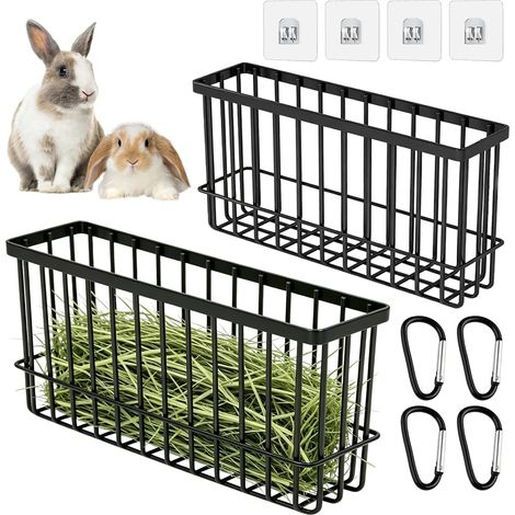 Lot de 2 raquettes à foin en métal pour lapins et cochons d'Inde, grands et moyens avec 4 crochets, pour clapier à lapin et enclos de petits animaux (1/5)