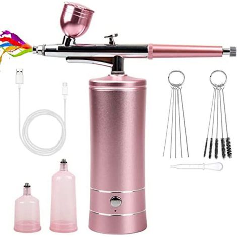 Kit Aérographe, Pistolet Aérographe Rechargeable sans Fil pour Décoration de Gâteaux, Peinture Modèle, Maquillage, Tatouage, Nail Art - Rose (1/5)