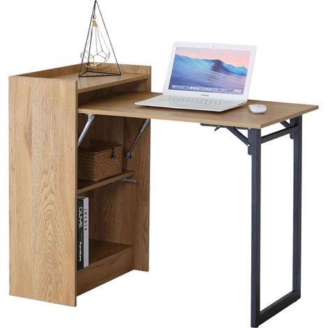 Mesa Escritorio Plegable con Estantería Kiri Oficina Roble Cambrian y Negro con 2 Estantes 102x86x58 cm