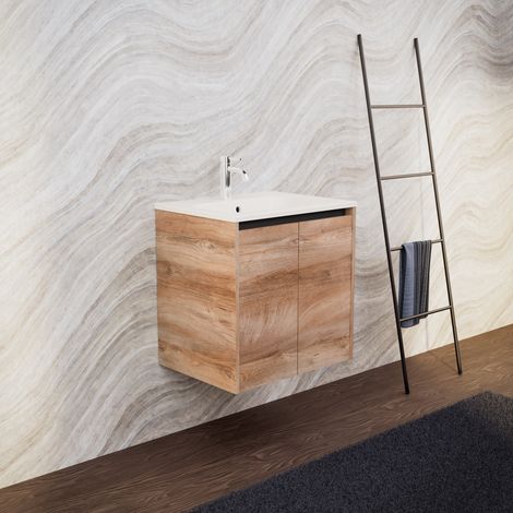 Inda - Meuble de salle de bain L.60 avec vasque mate / Chêne (1/5)
