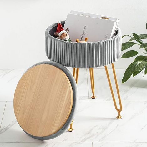 Velluto Stoccaggio Poggiapiedi Sgabello Ottomano, Trucco Vanity Sgabello Tavolino con Gambe in Acciaio Dorato Rimovibile Copertura, Tavolino da caffè Coperchio - Grigio chiaro (1/5)