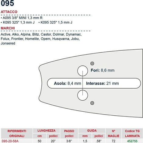 Barra motosega 50 cm - 20" passo 3/8" Spessore 1.5 mm - .058" attacco 095 - 452755